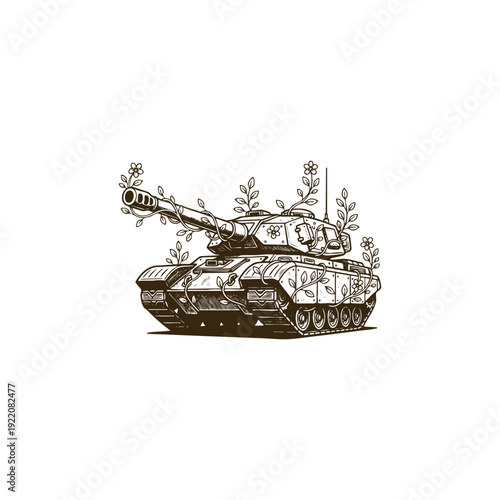 Vintage hand-drawn illustration of a heavy military tank entwined with delicate floral vines and blooming flowers as a symbol of peace.