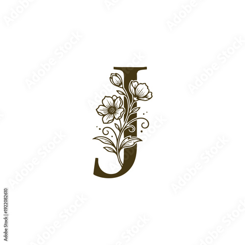 Elegant capital letter J monogram decorated with hand-drawn floral ornaments and blooming flowers.