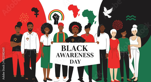 A diverse business team and community crowd holding a red banner and communication sign for a teamwork concept illustration