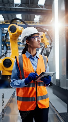 Female Engineer In Orange Vest And Hard Hat Inspects Automated Manufacturing Factory Floor With Tablet And Robotic Arm