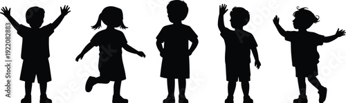 Happy children silhouettes collection playful kids jumping waving standing black shadow figures set isolated on white background illustration