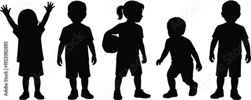 Active children silhouettes set kids standing jumping playing with ball black shadow figures collection isolated on white background
