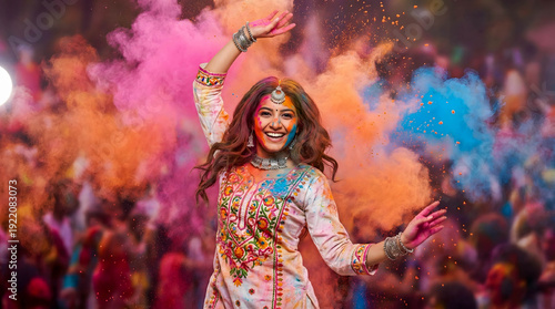 Festive celebration with colorful powders and joyful dancing at Holi festival event in the park during daytime