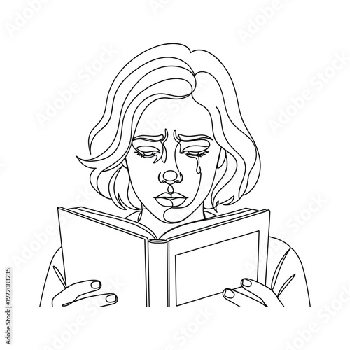 Woman crying while reading book with emotional tears