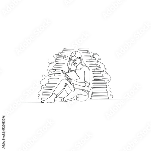 Young woman reading book surrounded by stack of books