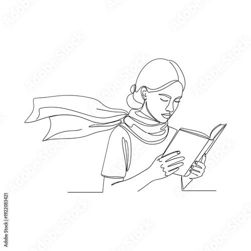 Serene woman deeply engrossed in reading a book with flowing scarf