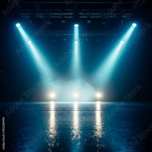 Dramatic Stage Lighting with Blue Spotlights and Smoke Background