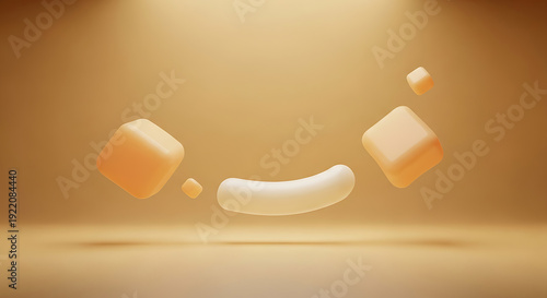 Abstract 3D Orange Smile Face with Floating Glossy Shapes Background