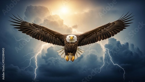storm dramatic Bald Eagle in the sky with lightning. 3D illustration.