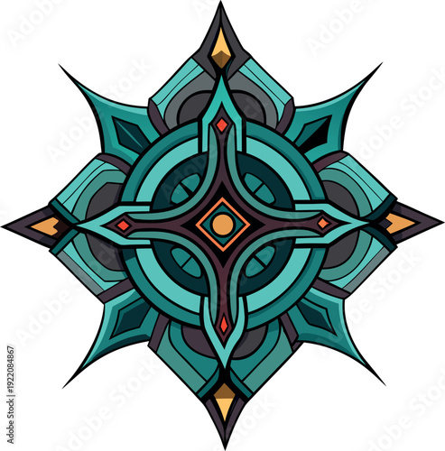Intricate Teal and Gold Geometric Mandala Compass – Symmetrical Ornamental Celtic Star Vector Illustration