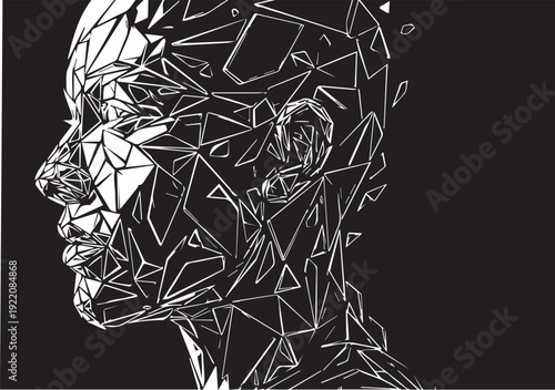 Abstract Low Poly Human Profile Shattering into Geometric Fragments on Black Background