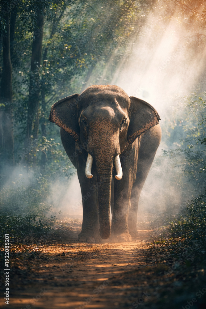 Fototapeta premium Wild Asian Elephant Walking Through Misty Forest with Sunlight Rays