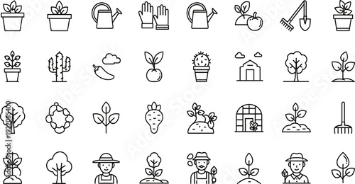Gardening and Agriculture Line Icon Set Featuring Potted Plants, Tools, Greenhouse, Farmer Characters, and Organic Farming Symbols for Environmental and Botanical Web Design