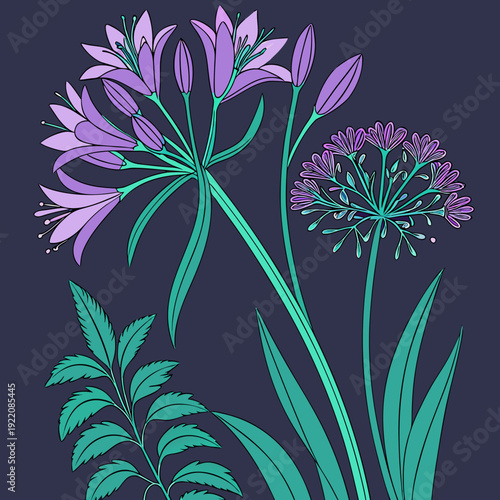Elegant Purple Agapanthus and Allium Flowers with Green Foliage on Dark Background.
