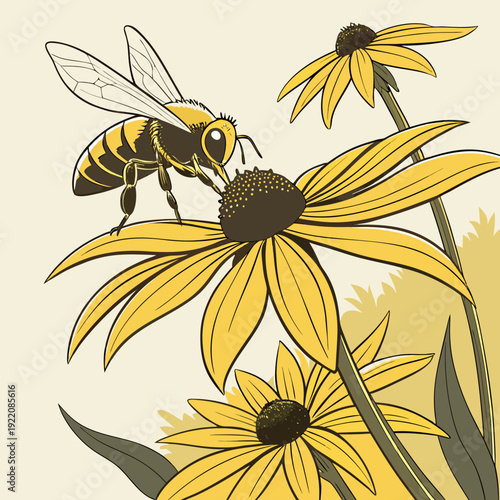 Honey Bee Pollinating Bright Yellow Coneflowers in a Summer Garden.