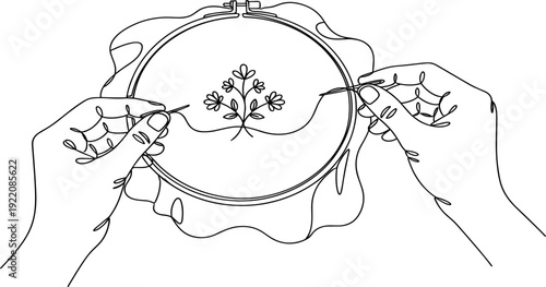 Embroidery Handcraft Line Illustration with Hands Stitching Floral Pattern in Hoop for Sewing, Needlework, and Creative Hobby Concept