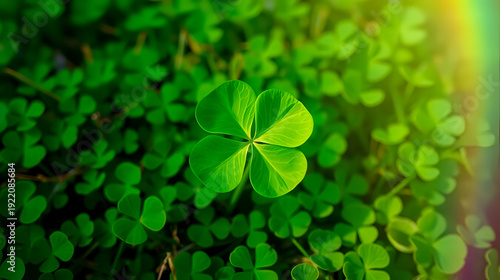 good luck four leaf clover standing out from meadow of green clovers.  Rainbow, Unique discovery of a rare 4 leaf clover for St Patricks day charm or to symbolize luck, good fortune, or prosperity.