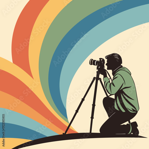 Photographer capturing colorful light trails with a camera on a tripod.