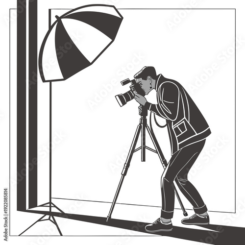 Photographer capturing images with professional camera and studio lighting setup.