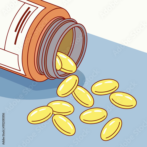 Pills Spilled from Bottle on Table.