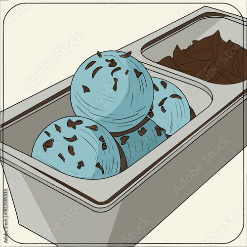 Refreshing Mint Chocolate Chip Ice Cream Scoops with Rich Chocolate Sauce.