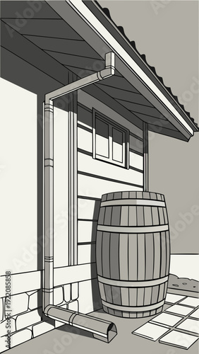 Rainwater harvesting system with barrel and downspout.