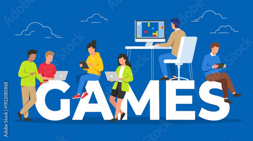 Modern Gamers Enjoying Digital Entertainment Across Diverse Platforms: Flat Vector Illustration of People Playing Online Video Games