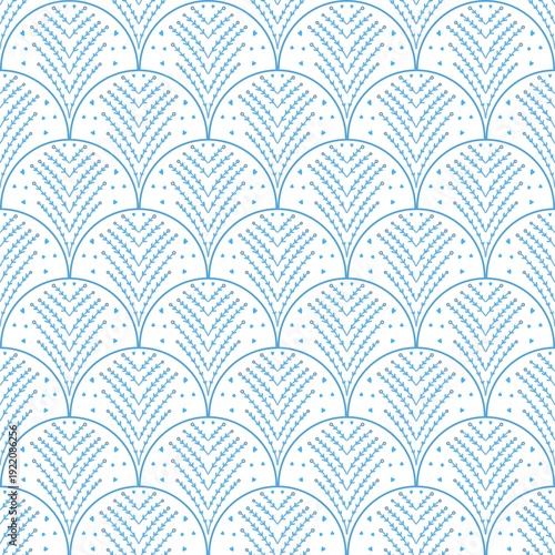 Blue scallop floral pattern on white background. Perfect for World Art Day and decorative branding. Ideal for use in presentations, websites, or as a minimalistic design backdrop.