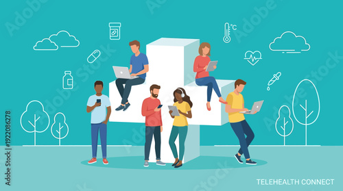 Telehealth Connect: Diverse People Accessing Digital Healthcare Services Online via Mobile & Laptop Devices, Supported by Cloud & Medical Icons