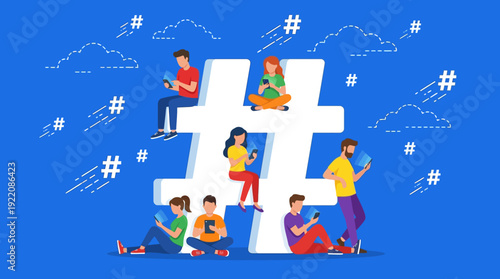 Social Media Users Interacting with Mobile Devices on Giant Hashtag Symbol - Digital Communication & Online Community Concept