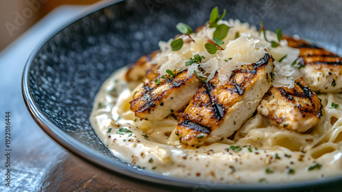 Creamy Fettuccine Alfredo topped with Grilled Chicken Breast.
