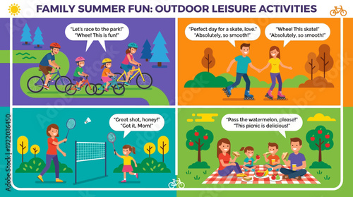 Summer Family Outdoor Activities: Cycling, Rollerblading, Badminton, Picnic. Leisure and Fun Vector Illustration.