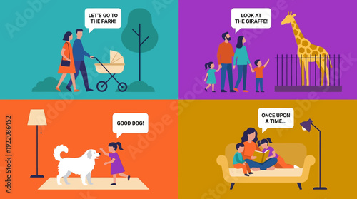 Family Daily Life Activities Illustration: Parents, Kids, and Pets Enjoying Home, Park, Zoo, and Story Time