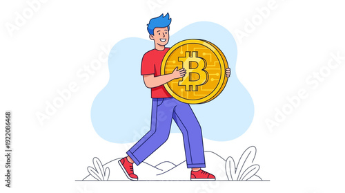 Happy Man Carrying Giant Bitcoin Coin: Cryptocurrency Investment, Digital Wealth & Blockchain Technology Concept