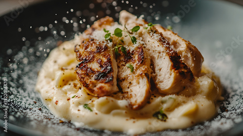 Creamy Fettuccine Alfredo topped with Grilled Chicken Breast.