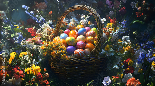 Colorful Decorated Easter Eggs in a Wicker Basket.