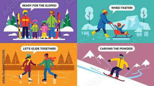 Joyful Winter Sports & Activities Illustration Collection: Family Skiing, Sledding, Ice Skating, Snowboarding Fun in Vibrant Flat Design Vector