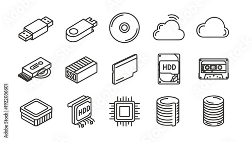 Collection of computer hardware and data storage icons illustrating various technology components.