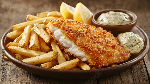 Crispy Golden Fried Fish Fillets with French Fries.