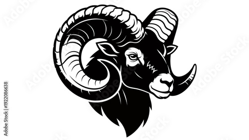 Monochrome ram head illustration with large curled horns, bold line art.