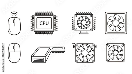 Collection of computer hardware icons featuring mouse, CPU, motherboard, fans and other components.