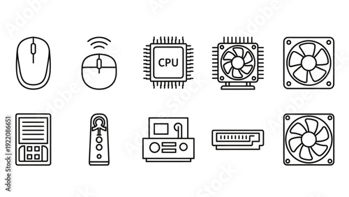 Assorted technology and computer hardware icons featuring mouse, processor, motherboard, drives and cables.
