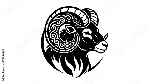 Artistic ram head emblem with ornate horn pattern and bold silhouette design for a striking graphic logo.