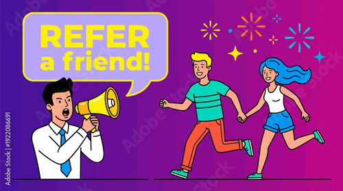 Refer a Friend Program Illustration: Man with Megaphone, Couple Running, Promoting Word-of-Mouth Marketing and Customer Acquisition