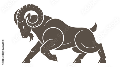 Silhouette of a muscular bighorn ram with curved horns standing in profile for artistic wildlife illustration.