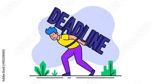 Man Carrying Heavy 'DEADLINE' Word: Illustration of Work Pressure, Stress, and Tight Schedule