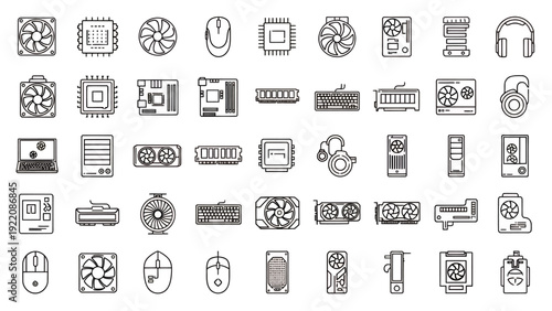 Extensive grid of black line icons representing everyday objects and devices in a vector style.