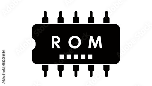 Compact ROM chip silhouette with pins and electronics icon, representing memory device in a digital circuit design.