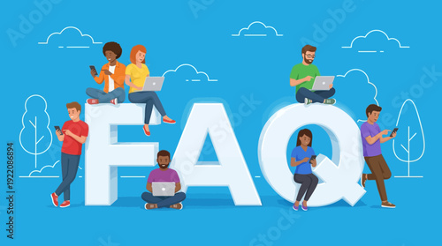 FAQ Concept with Diverse People Interacting Digitally for Online Support and Information