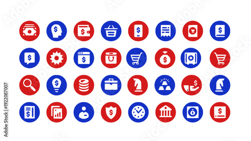 Collection of finance and banking icons arranged in circular shapes with red and blue color scheme. Includes payment, savings, credit card, ATM, currency exchange, investment, and security symbols.